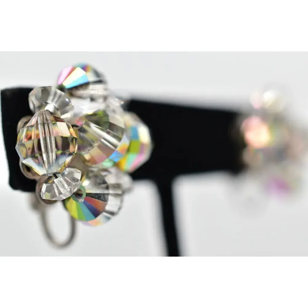 Vintage Clip On Crystal Earrings Watermelon Aurora Borealis Chrome 1950s BinBK